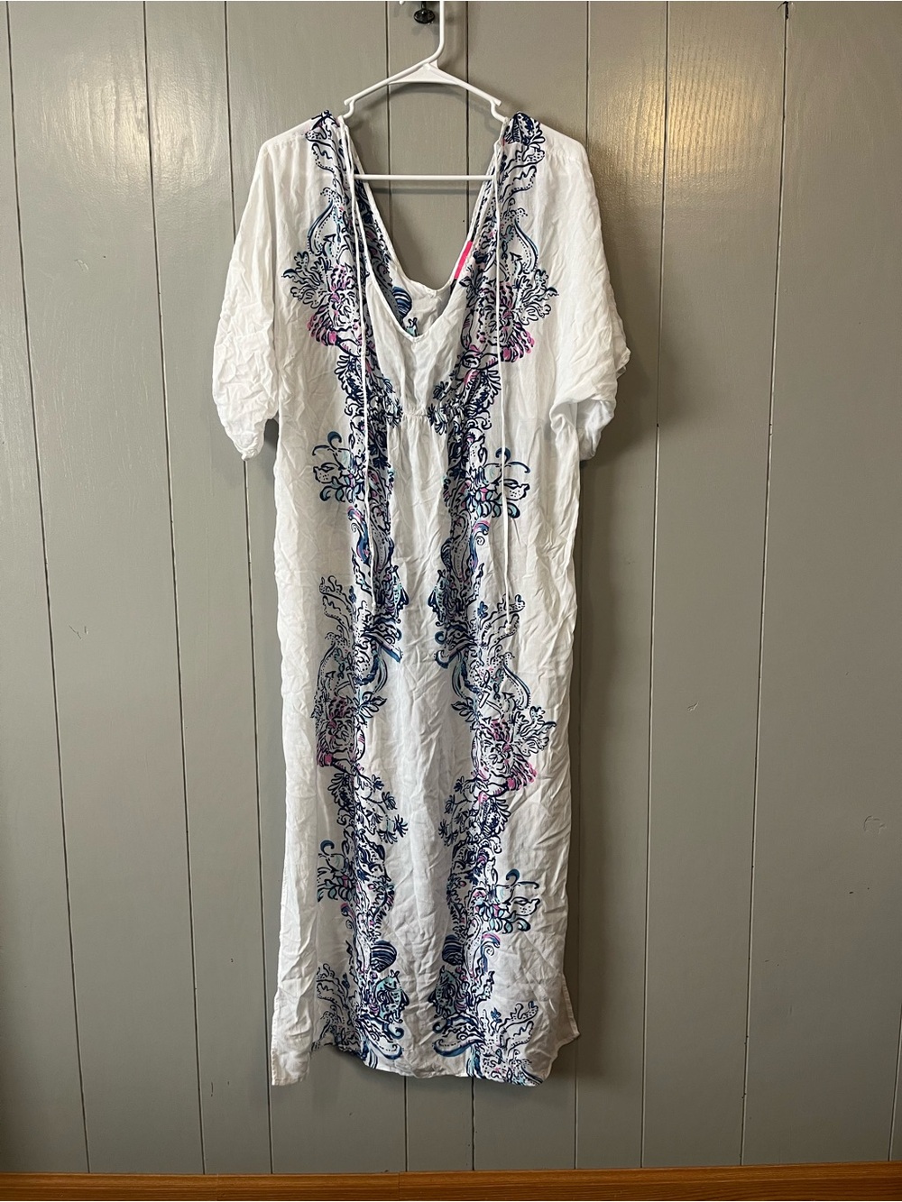 Lilly Pulitzer L Sheer Floral Drawstring Cover Up White Blue Pink Boho